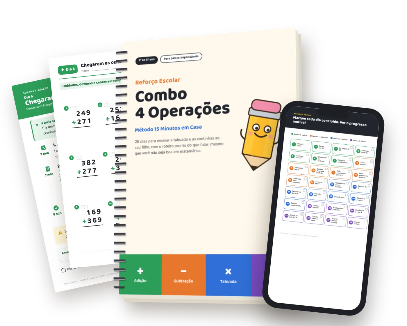 Material Combo 4 Operações: caderno, fichas e mapa dos 28 dias no celular